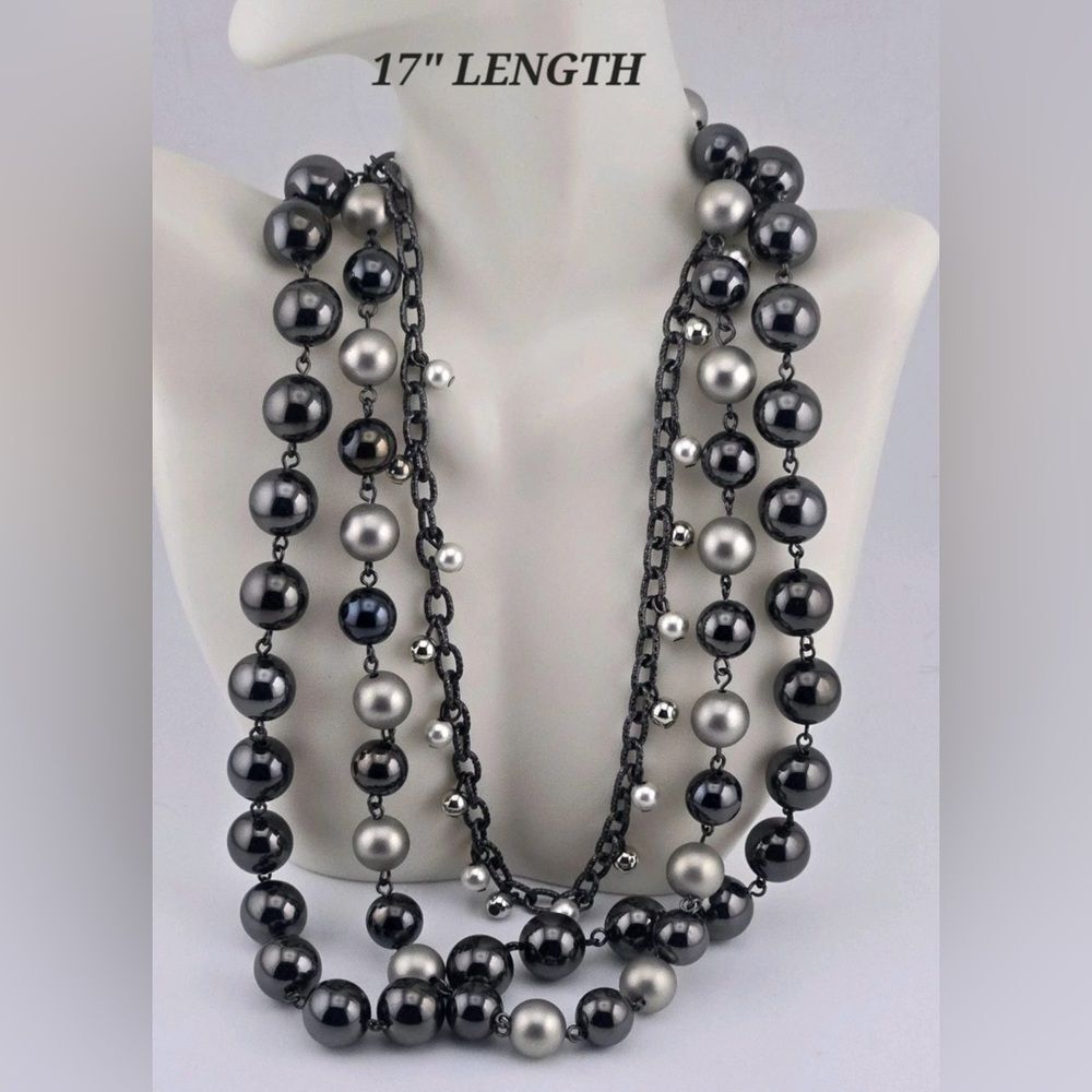 Black and Silver Triple-layered Beaded Necklace